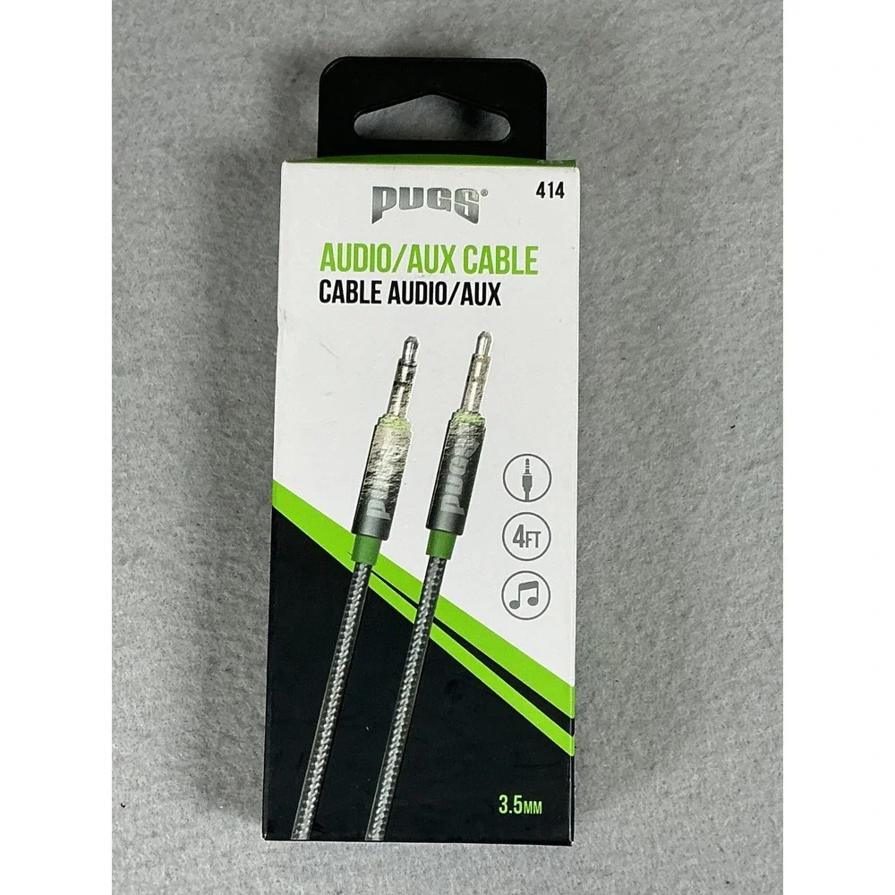 Pugs 3.5mm Aux Audio Cable 4ft Silver Braided Cord New